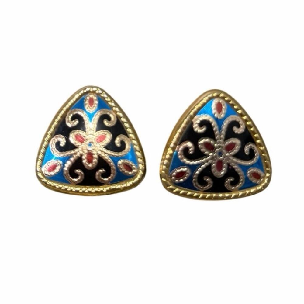 Vintage Enamel Stud Earrings Gold Tone Floral Boho Retro Mod Eclectic‎